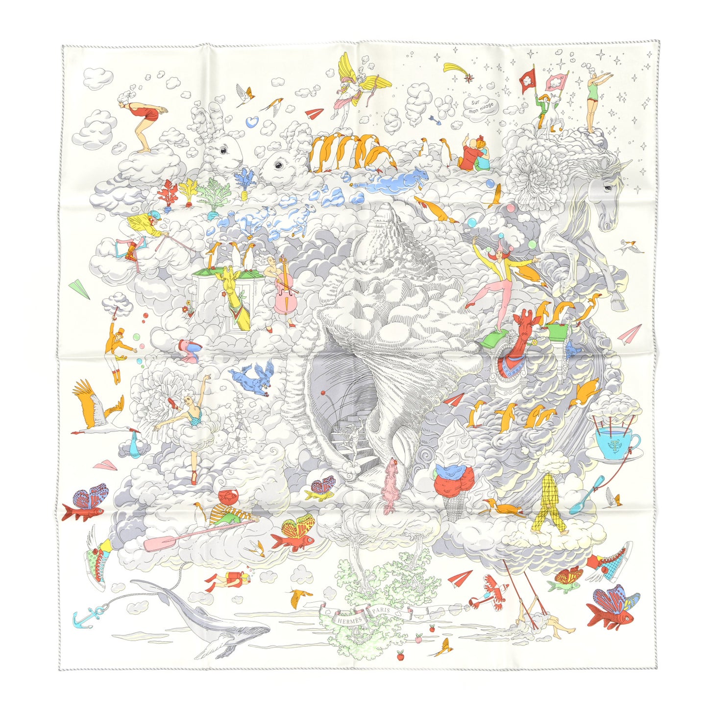Silk Sur Mon Nuage Scarf 90 White Gris Perle Multicolore