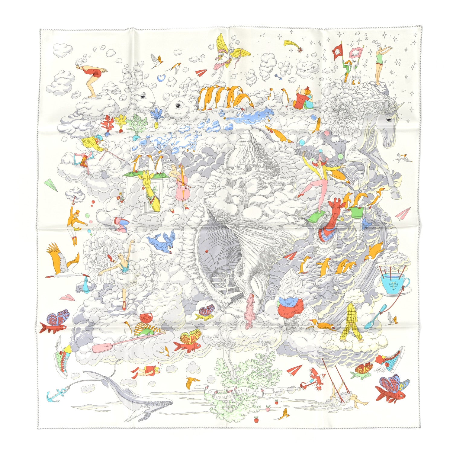 Hermes Silk Sur Mon Nuage Scarf 90 White Gris Perle Multicolore 1 of 5