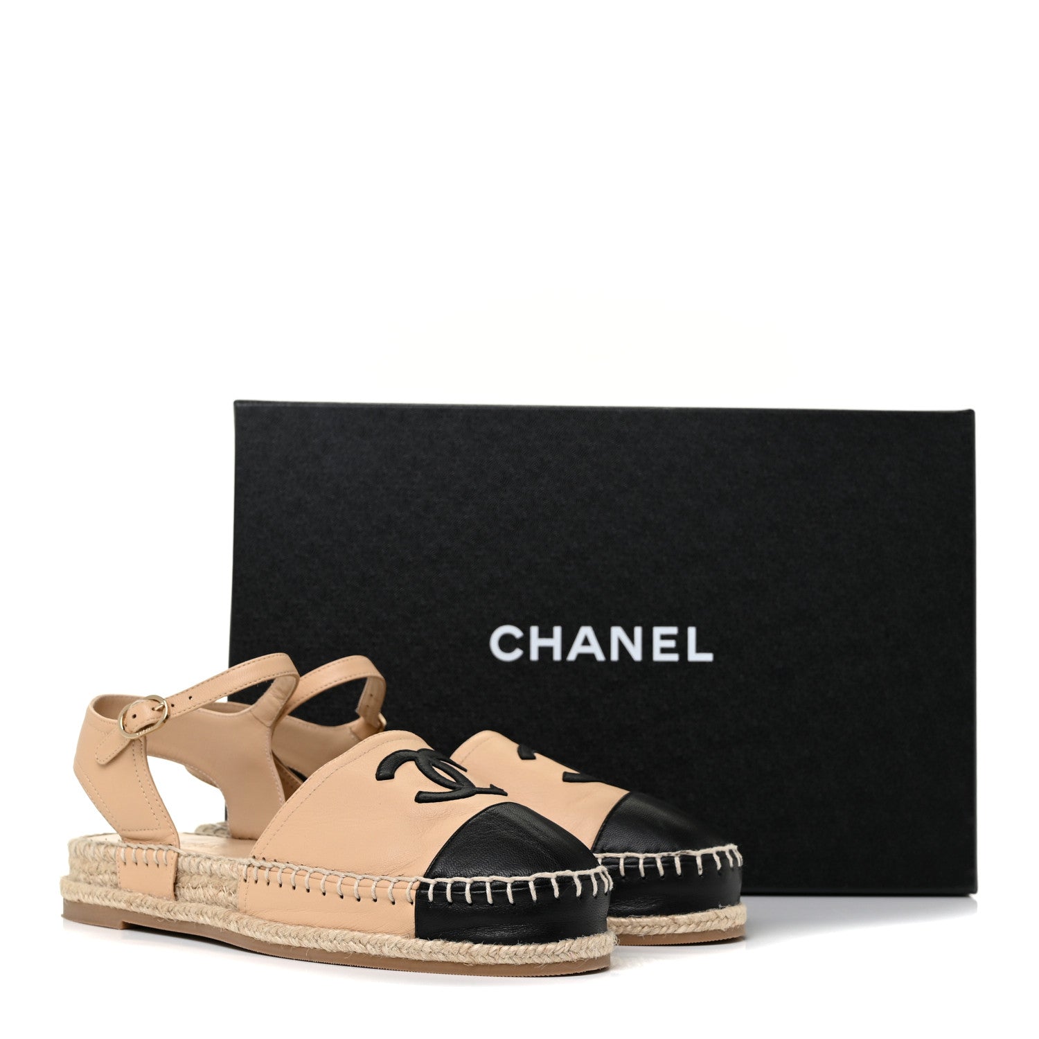 Chanel Lambskin Cap Toe CC Espadrille Sandals 37 Beige Black 9 of 9
