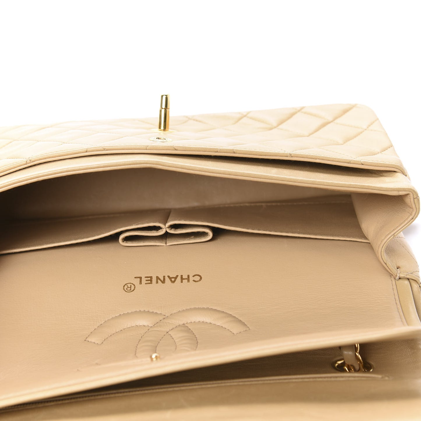 Lambskin Quilted Medium Double Flap Beige