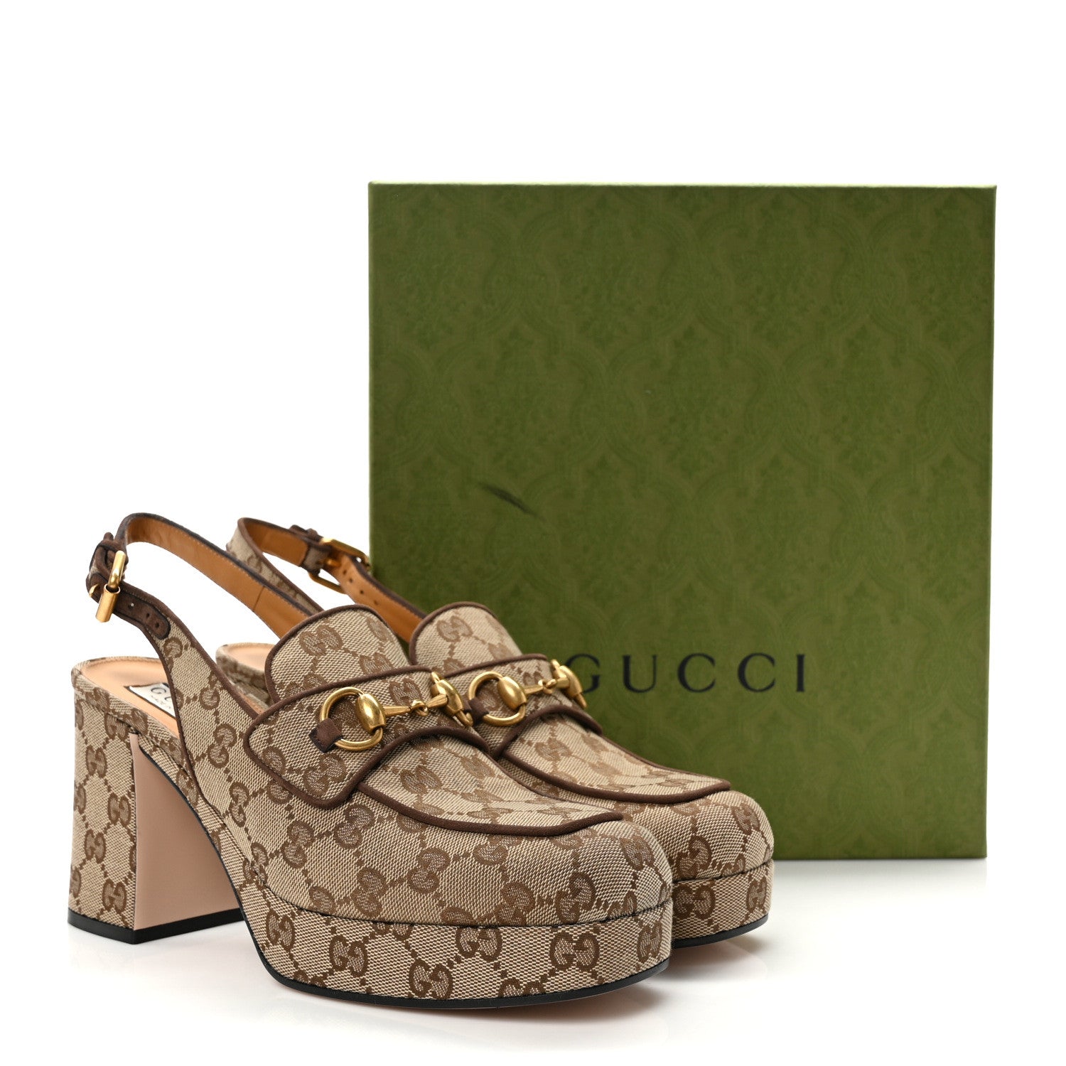 Gucci Monogram Kid Scamosciato Horsebit Platform 25/85mm Slingback Mules 40 Beige Ebony New Acero 9 of 9