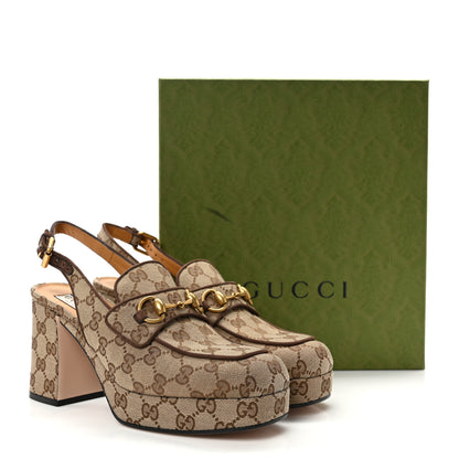 Gucci Monogram Kid Scamosciato Horsebit Platform 25/85mm Slingback Mules 40 Beige Ebony New Acero 9 of 9