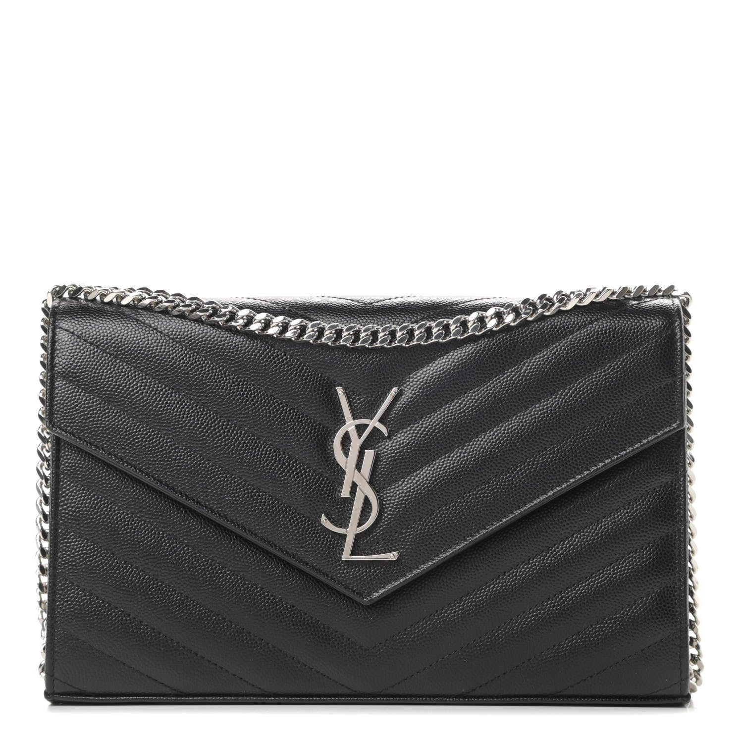 Saint Laurent Grain De Poudre Matelasse Chevron Monogram Chain Wallet Black 1 of 12