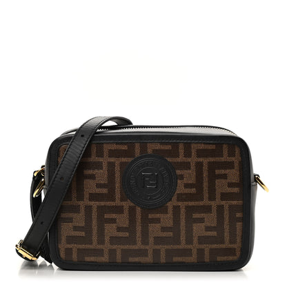 Fendi Glazed Fabric Vitello Century FF 1974 Stamp Patch Mini Camera Case Mogano Panna Black 1 of 14