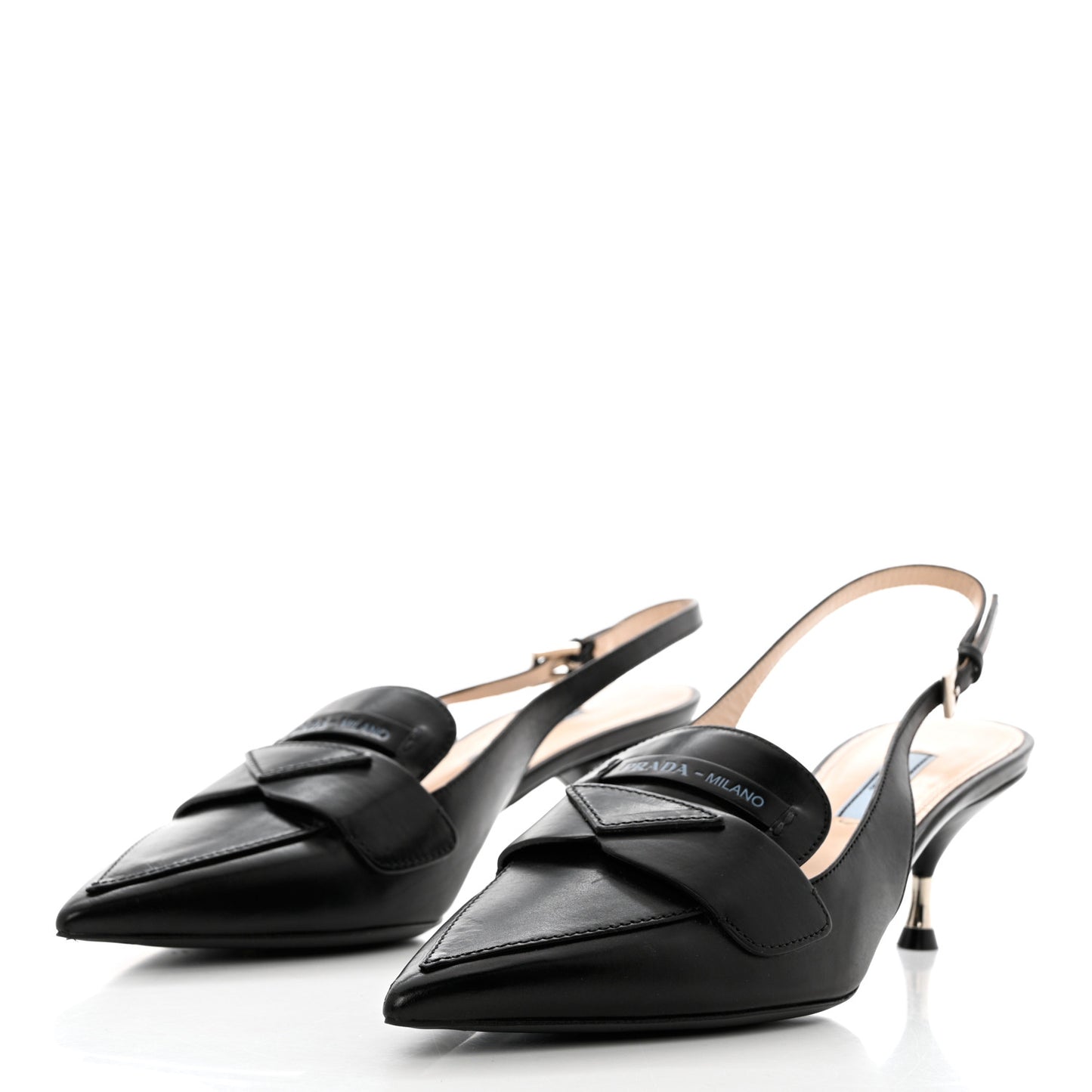 Nappa Triangle Logo Pointed Toe Slingback Pumps 39 Black