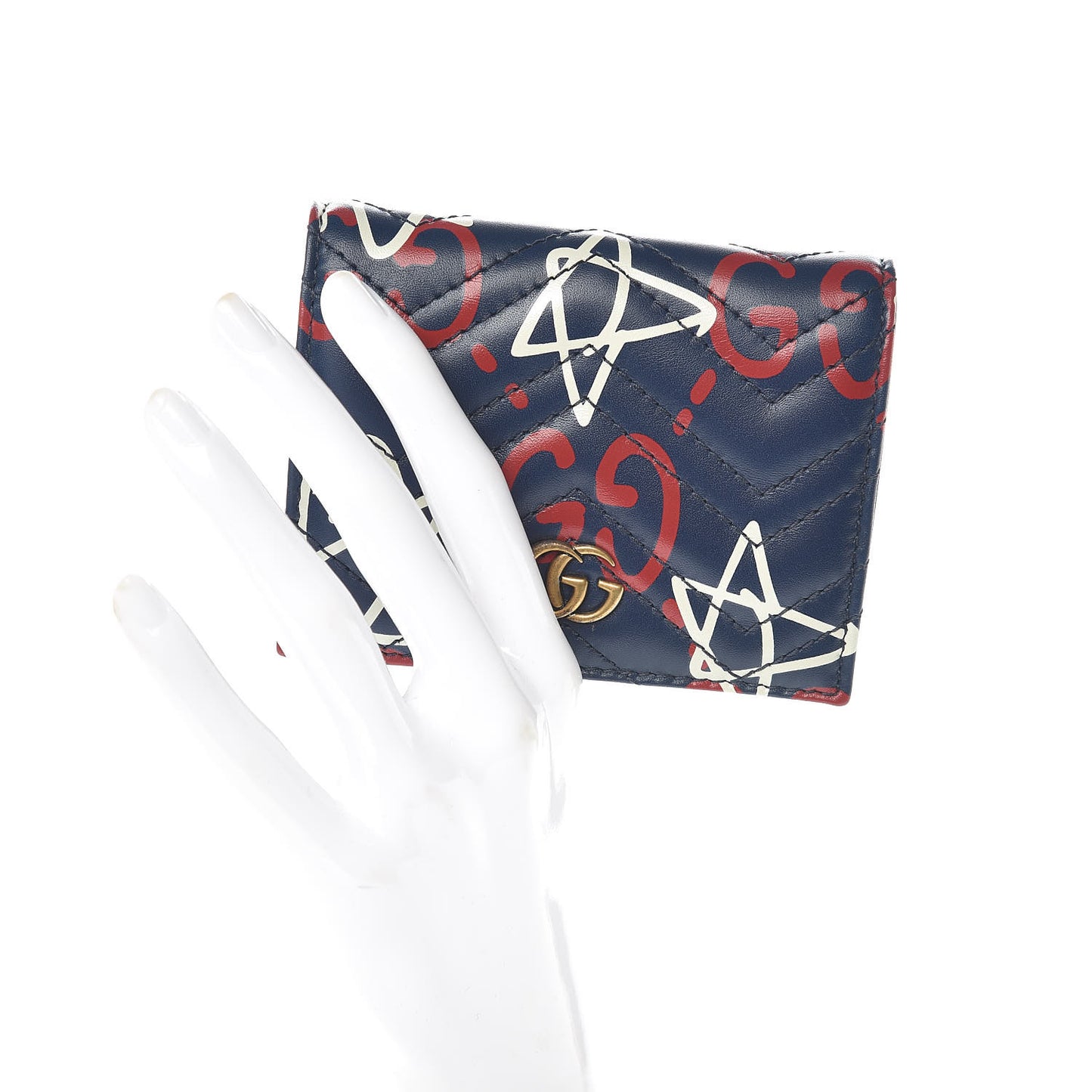 Calfskin Matelasse GucciGhost GG Marmont Card Case Blue Agata Hibiscus Red