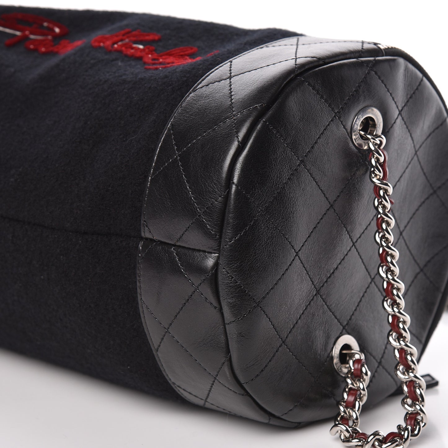 Wool Calfskin Embroidered Paris Hamburg Bowling Bag Black
