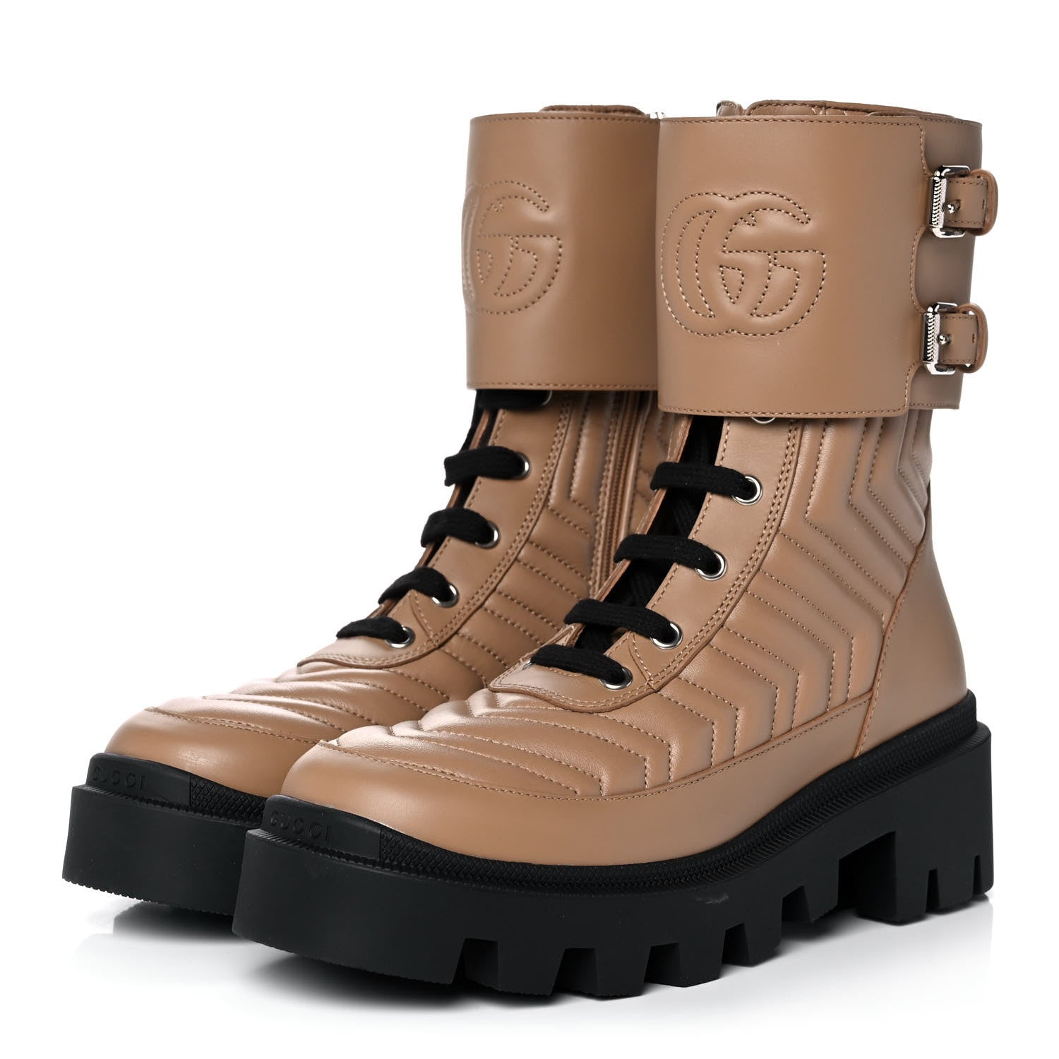 Gucci Nappa Frances GG Matelasse Platform Combat Boots 37 Natural Tan 3 of 12