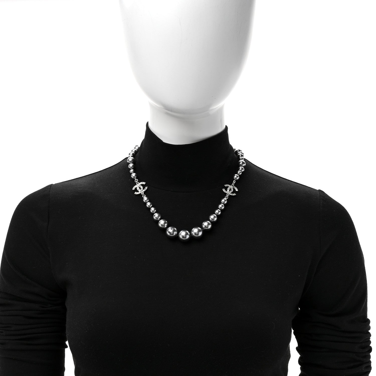 Chanel Crystal Baguette Graduated Pearl CC Short Necklace Silver Grey 2 of 7