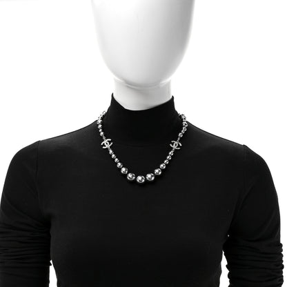 Chanel Crystal Baguette Graduated Pearl CC Short Necklace Silver Grey 2 of 7