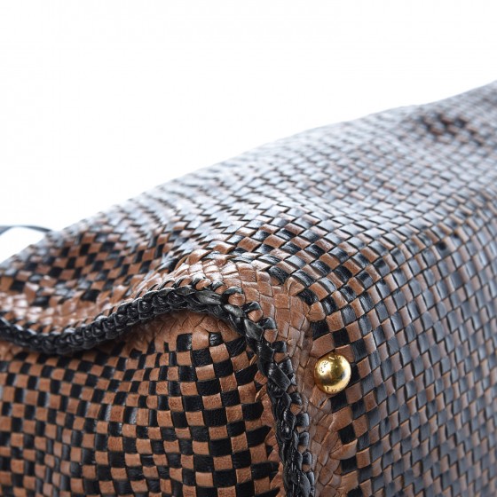 Goatskin Woven Top Handle Satchel Black Tan