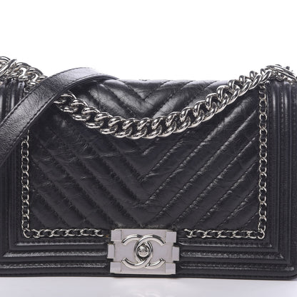 Chanel Aged Calfskin Chevron Quilted Medium Jacket Boy Flap Black 10 of 10