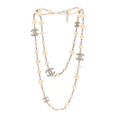 Chanel Crystal Pearl CC Long Necklace Silver 2 of 5