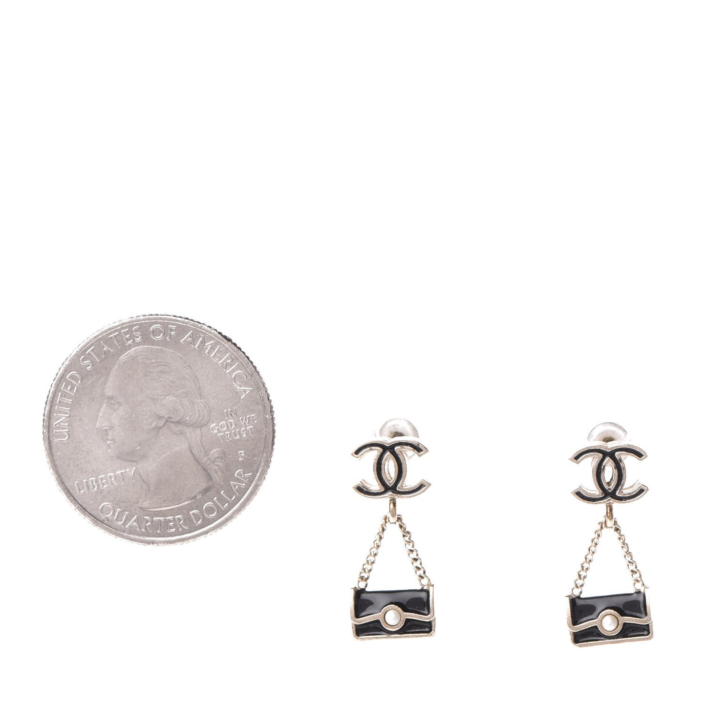 Enamel Pearl CC Flap Bag Drop Earrings Black Gold