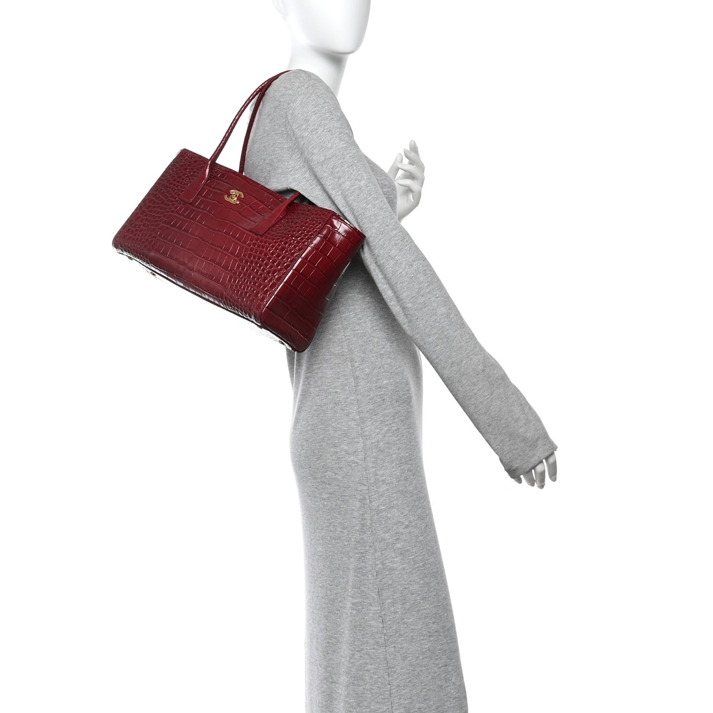 Calfskin Crocodile Embossed Archetype Small Shopping Tote Burgundy