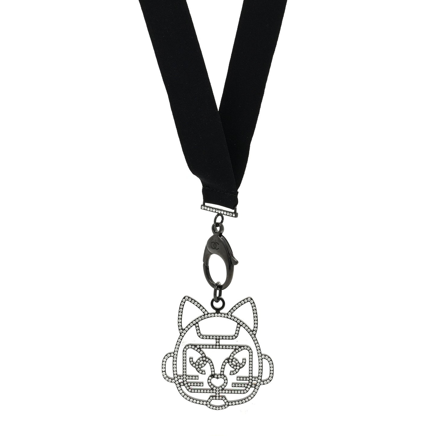 Crystal CC Emoji Robot Cat Lanyard Necklace Black Silver
