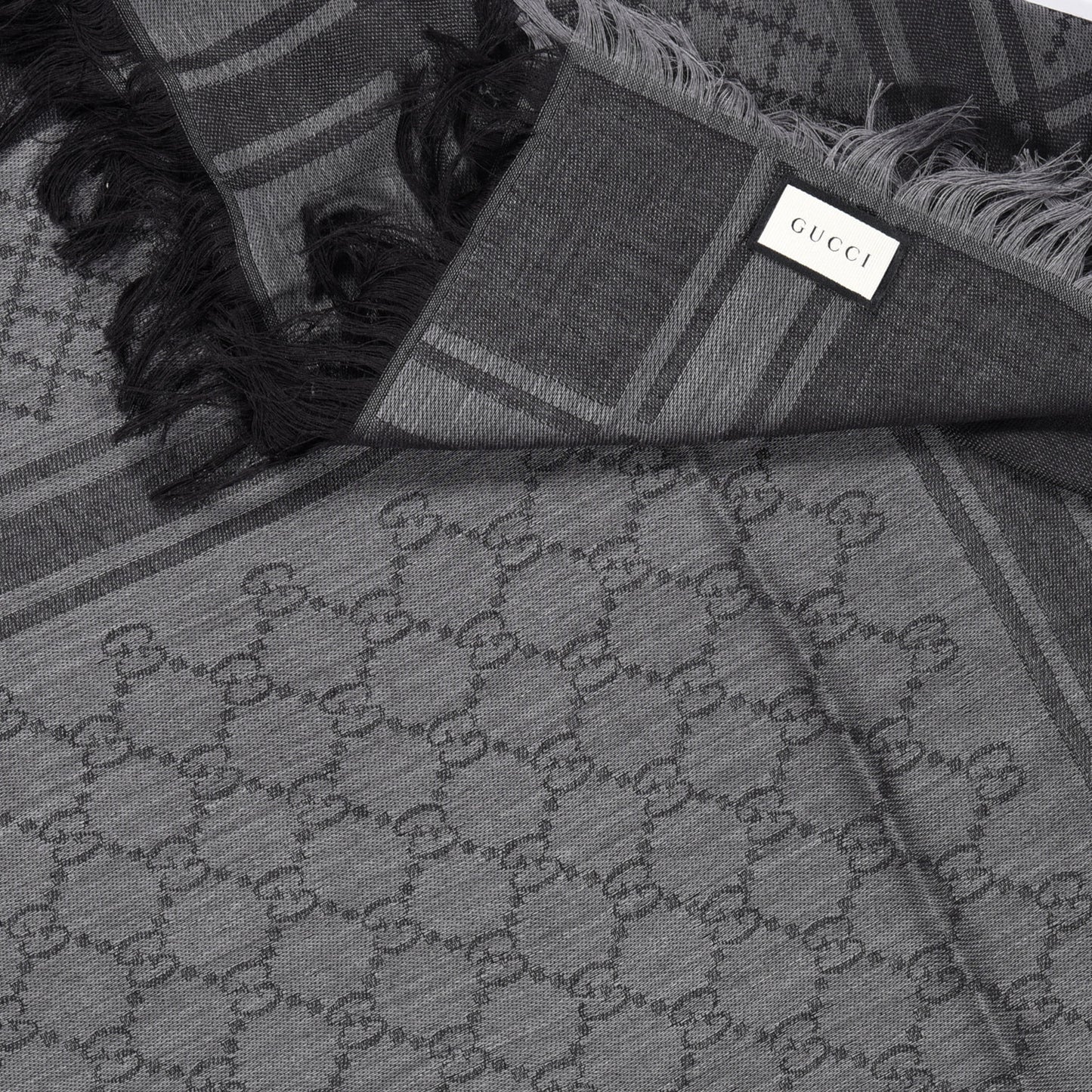 Wool Silk Diamante Monogram Shawl Black