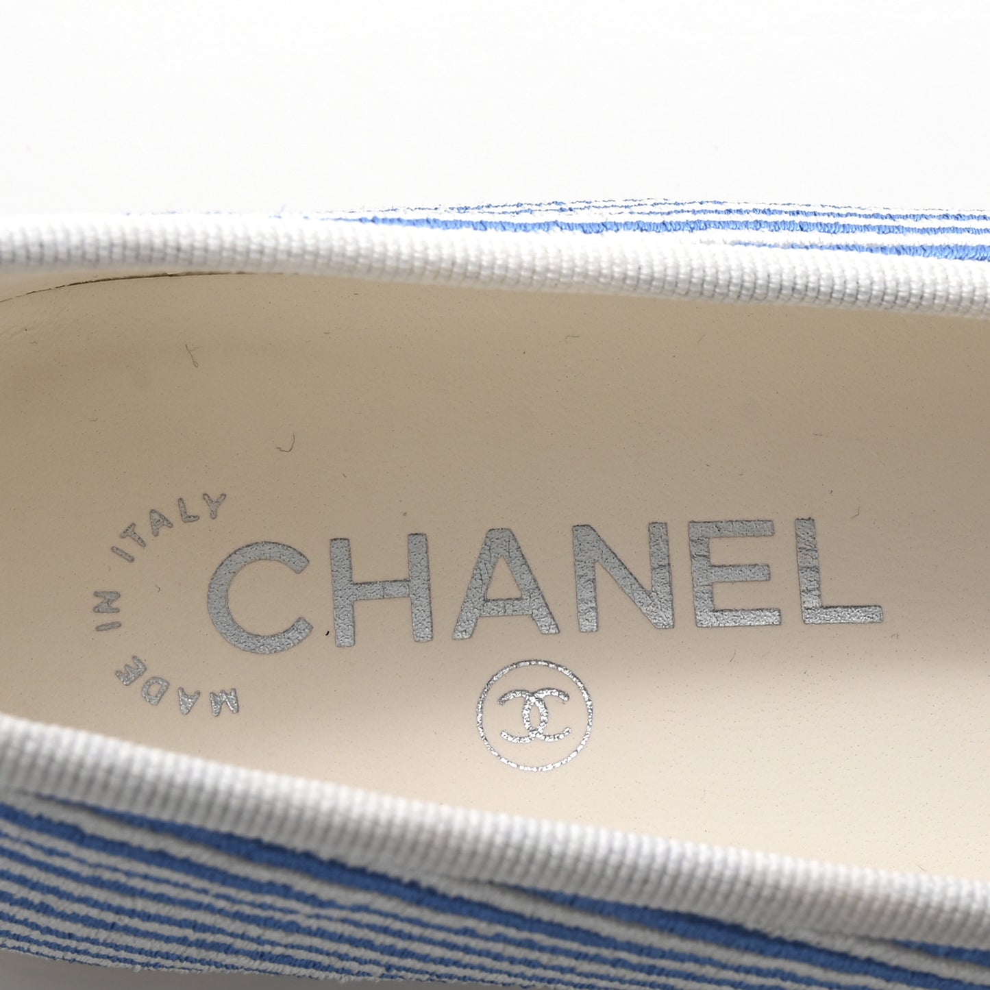 Fabric Grosgrain Cap Toe CC Flats 35 White Blue