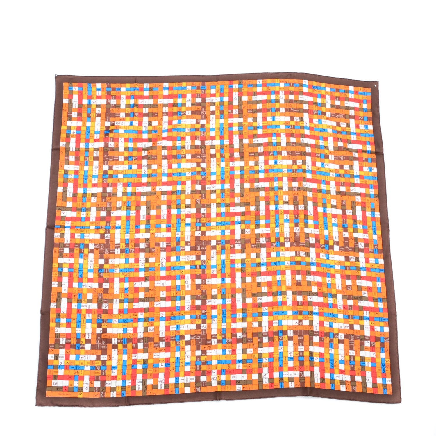 Hermes Silk Bolduc Au Carre Scarf 90 Brun Foncé Orange Bleu 1 of 5