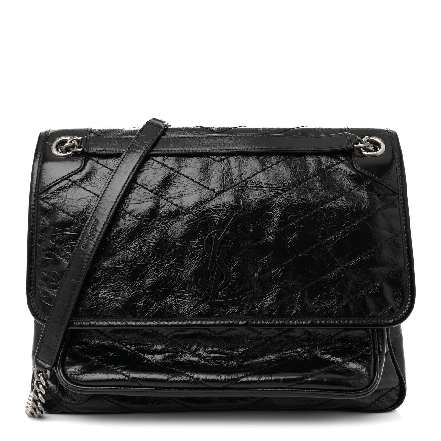 Crinkled Calfskin Matelasse Monogram Large Niki Chain Satchel Black