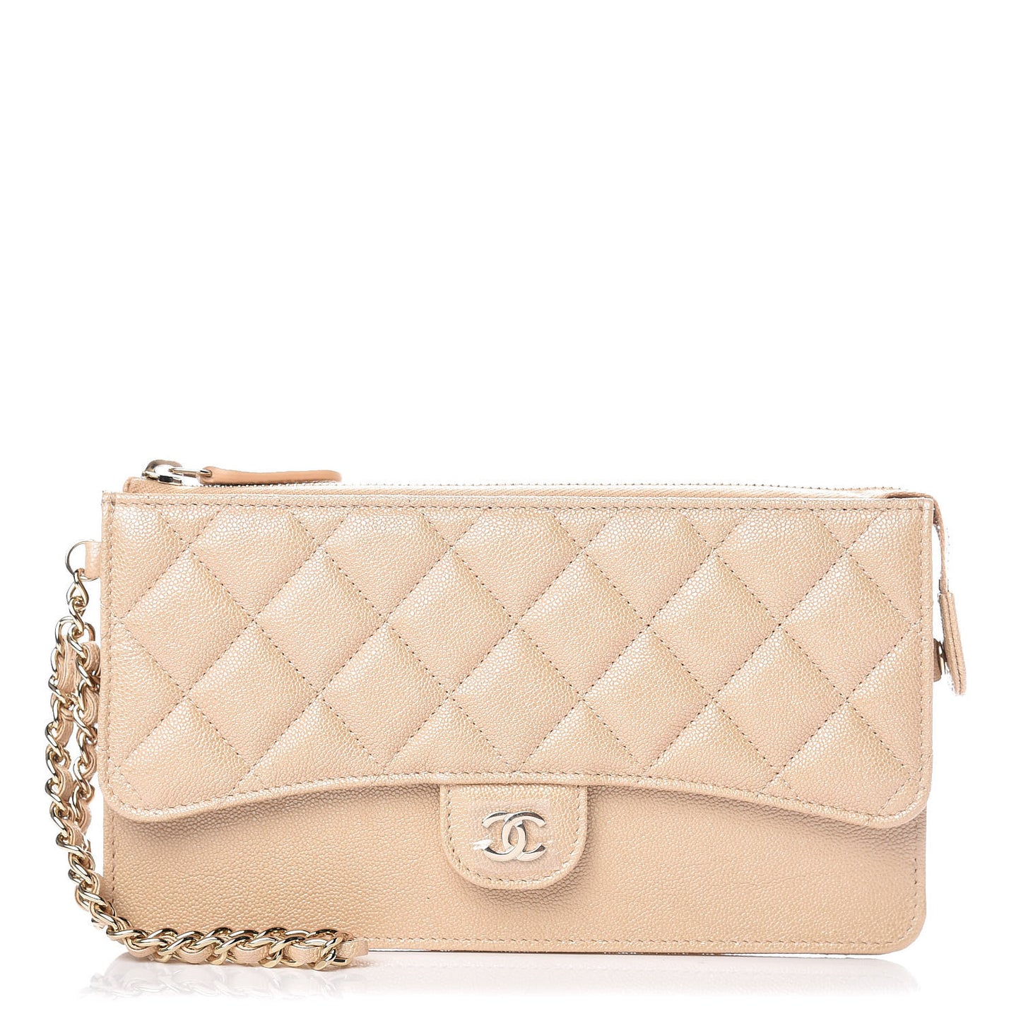 Iridescent Caviar Quilted Classic Pouch With Handle Beige