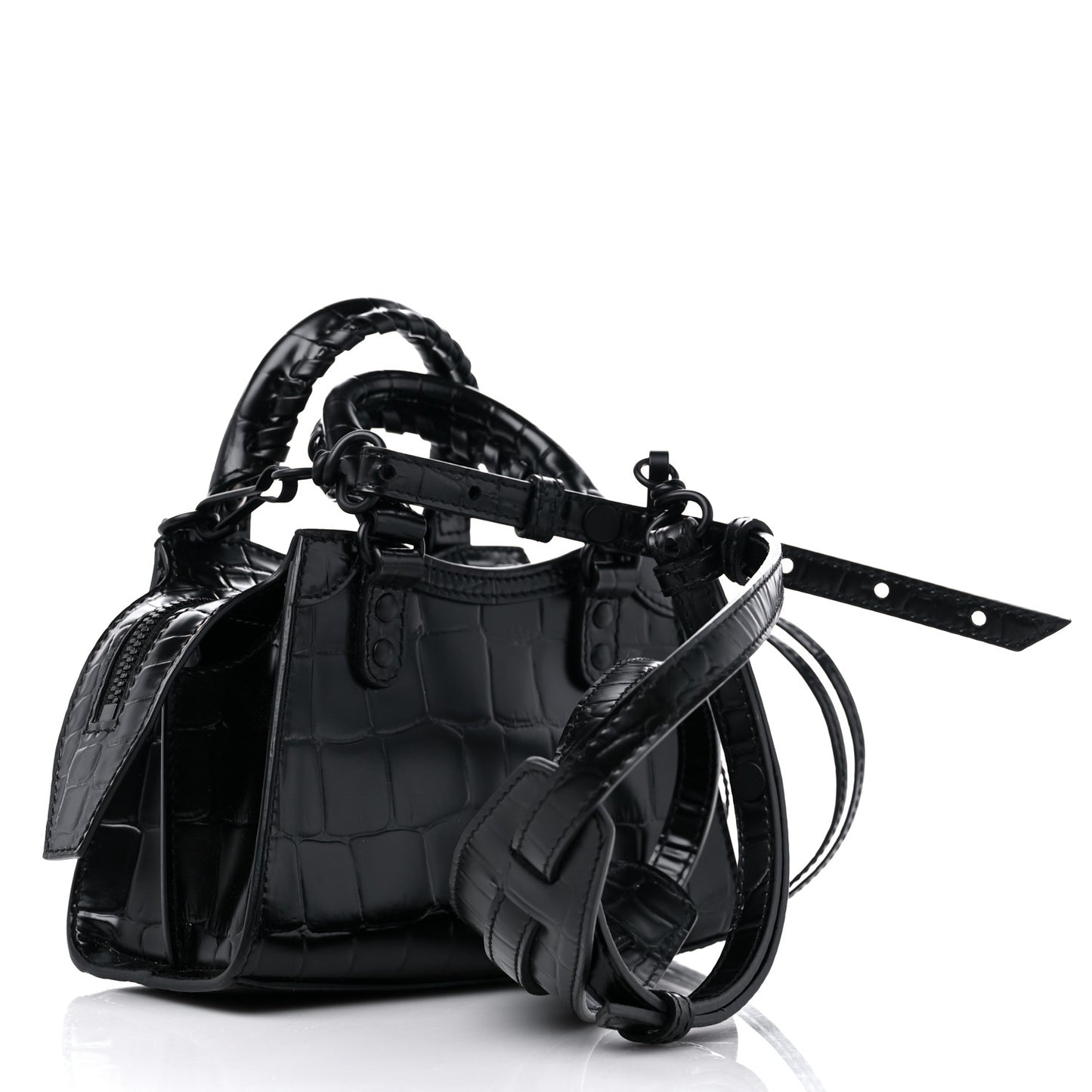 Semi Shiny Calfskin Crocodile Embossed Neo Classic Black Hardware Nano City Crossbody Black
