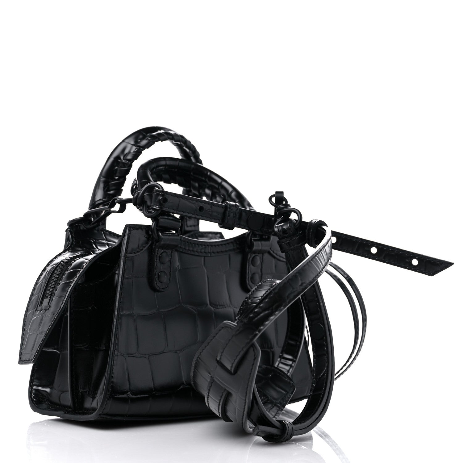 Balenciaga Semi Shiny Calfskin Crocodile Embossed Neo Classic Black Hardware Nano City Crossbody Black 3 of 7