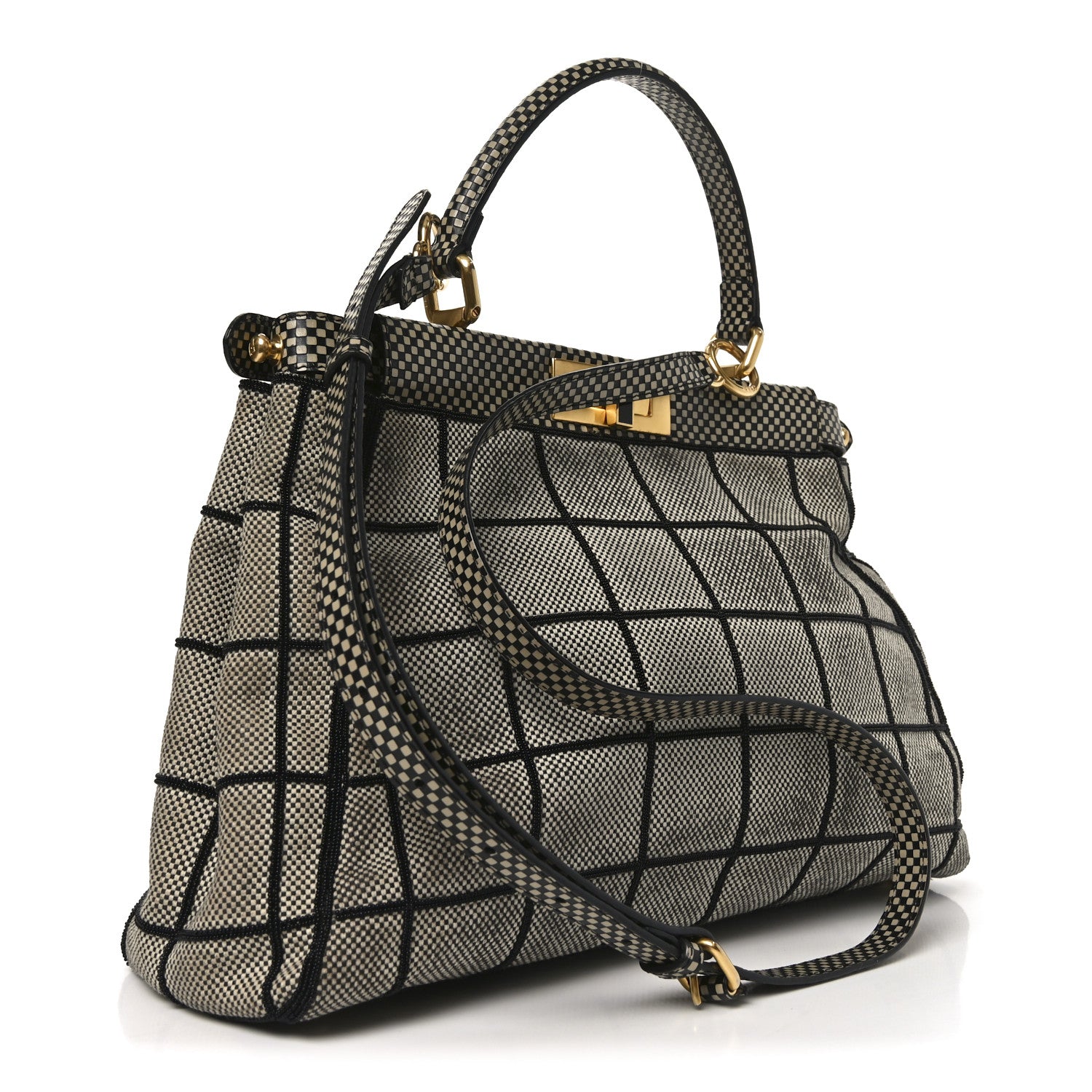 Fendi Canvas Calfskin Embroidered Medium Peekaboo Iconic Satchel Black Beige Multicolor 3 of 9