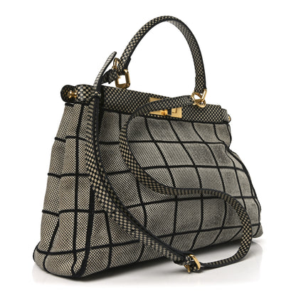 Fendi Canvas Calfskin Embroidered Medium Peekaboo Iconic Satchel Black Beige Multicolor 3 of 9
