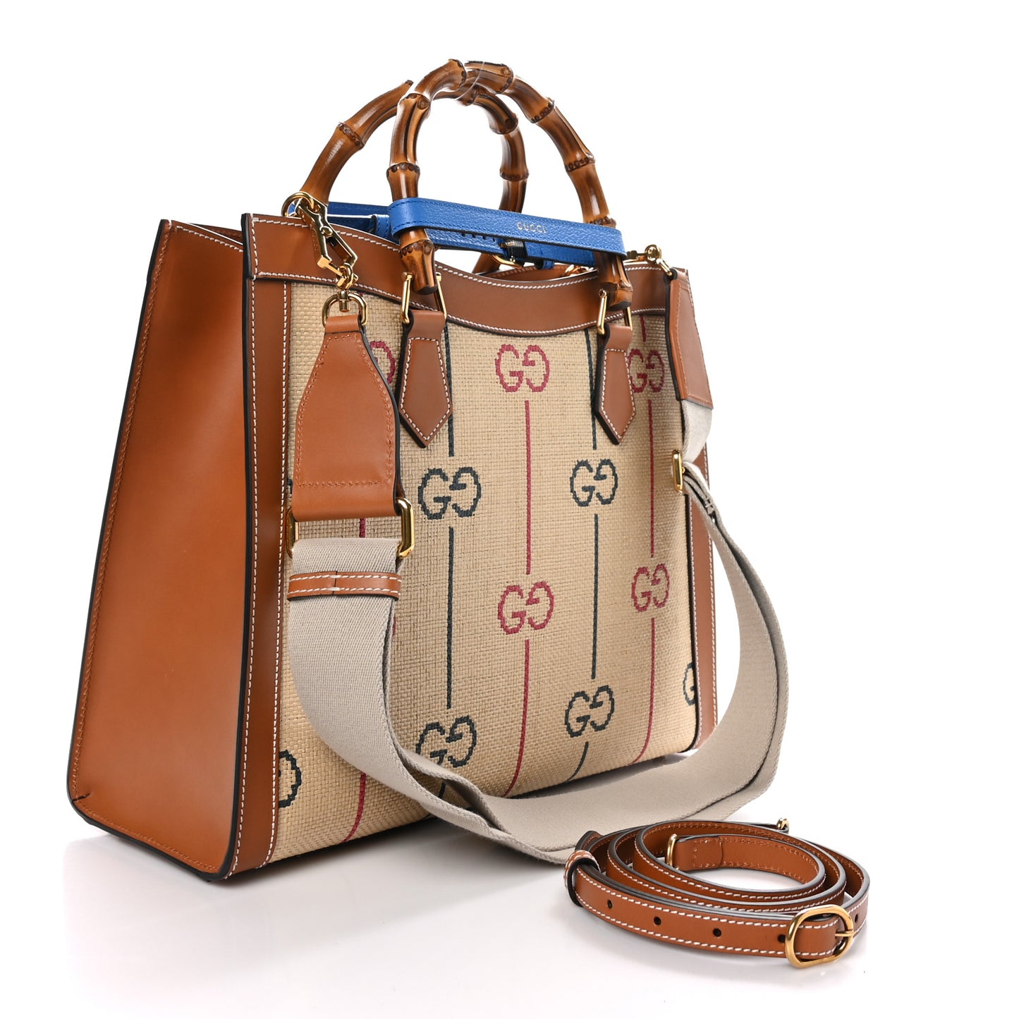 Raffia Monogram GG Jacquard Medium Diana Tote Bag Natural Red Green Modern Blue