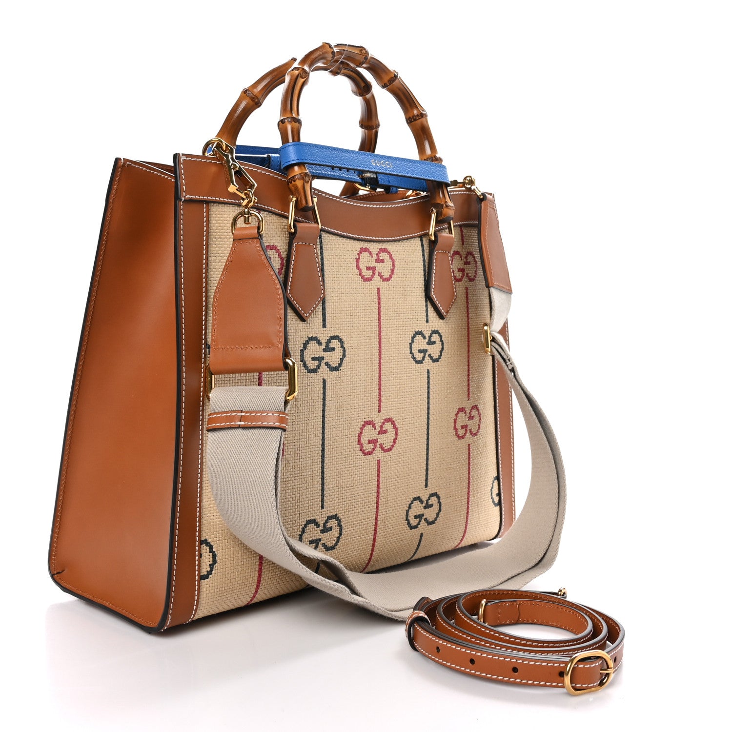 Gucci Raffia Monogram GG Jacquard Medium Diana Tote Bag Natural Red Green Modern Blue 3 of 10