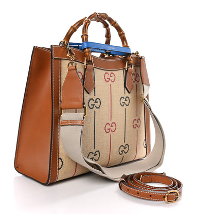 Gucci Raffia Monogram GG Jacquard Medium Diana Tote Bag Natural Red Green Modern Blue 3 of 10