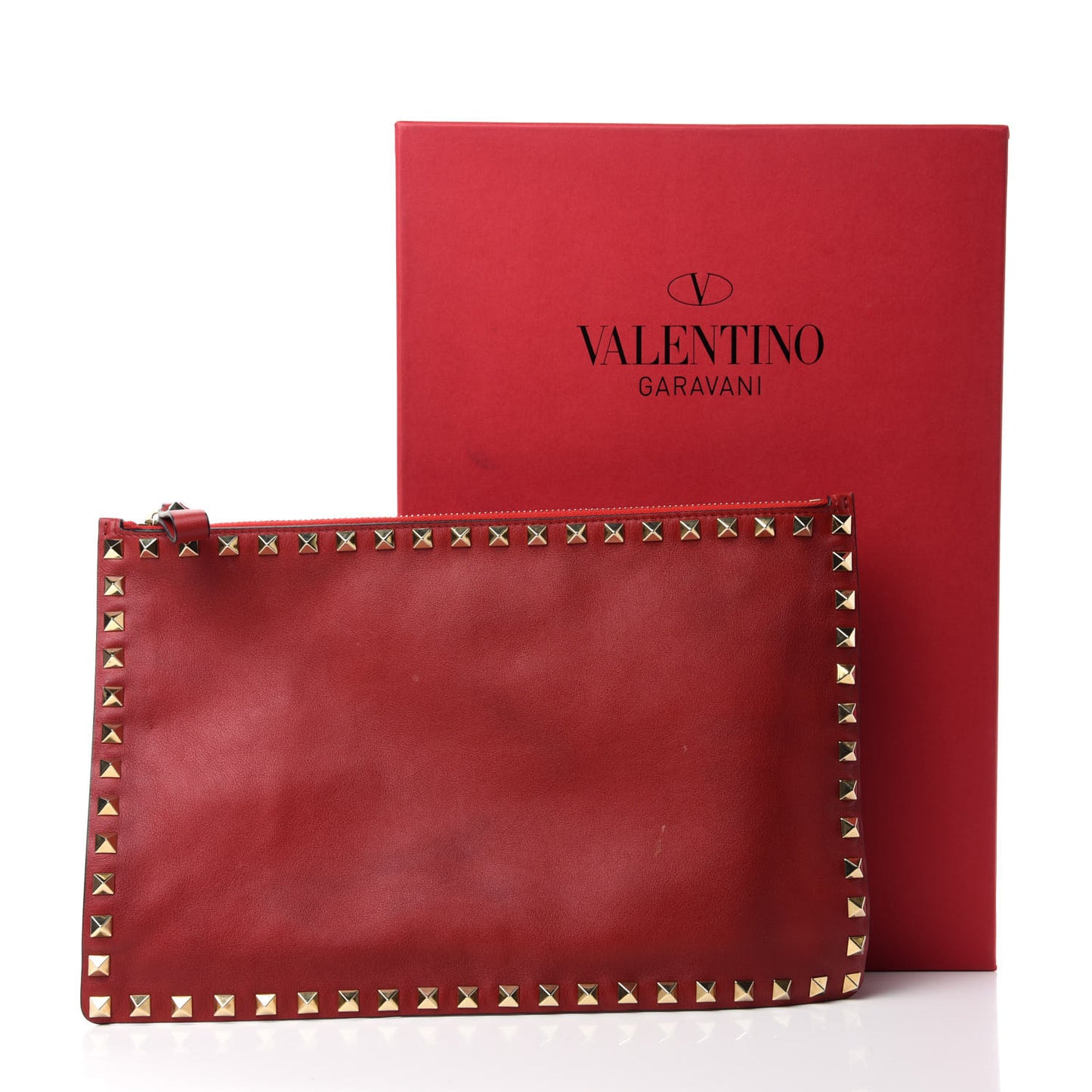 Vitello Large Rockstud Zip Pouch Red
