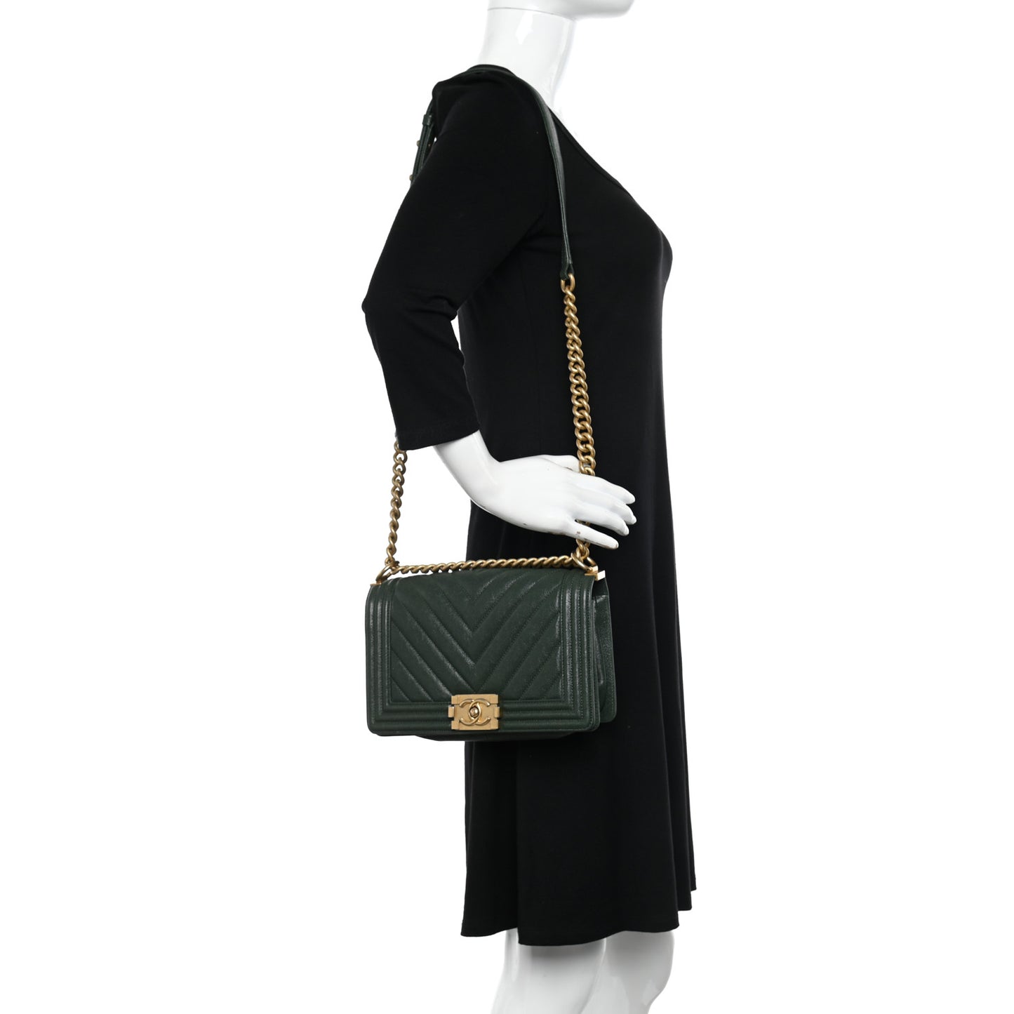 Caviar Chevron Quilted Medium Boy Flap Dark Green