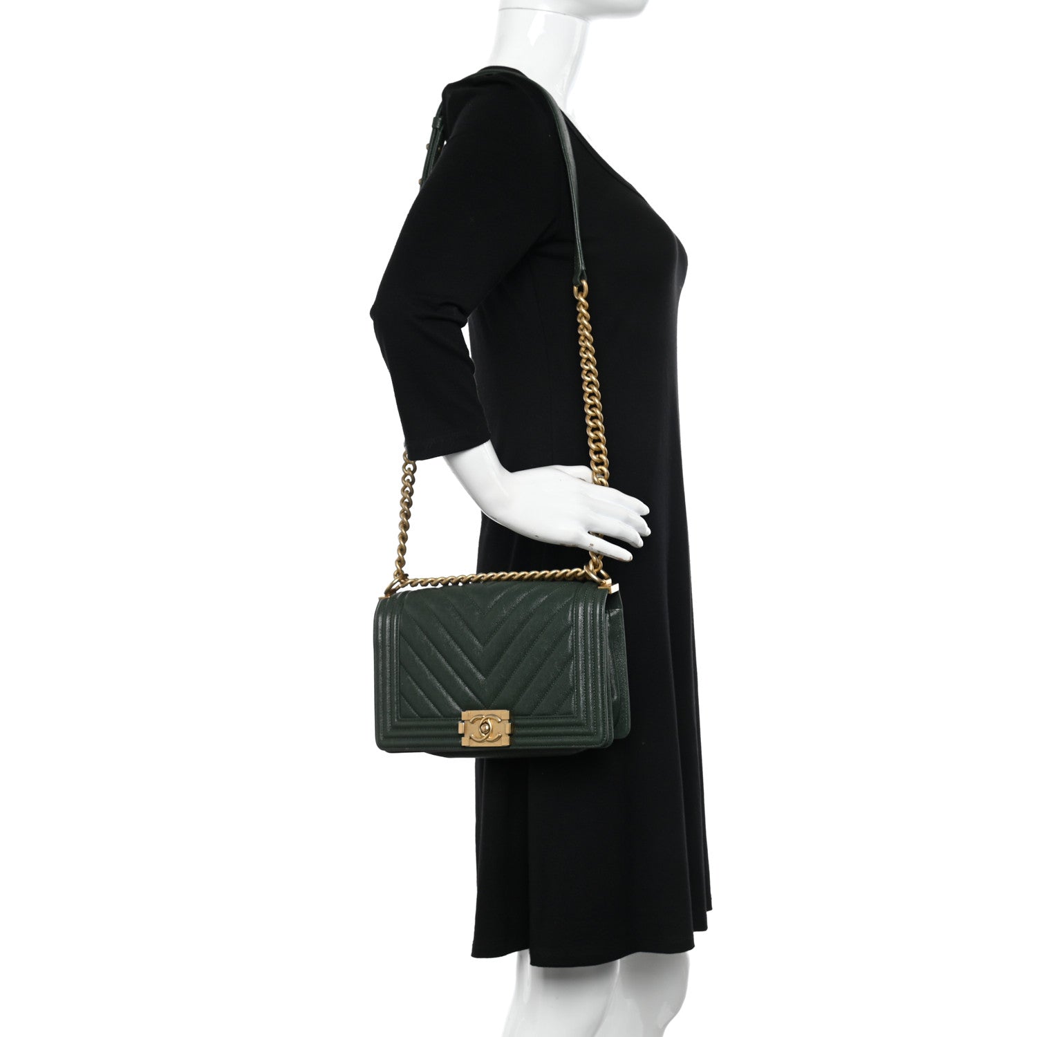 Chanel Caviar Chevron Quilted Medium Boy Flap Dark Green 2 of 12