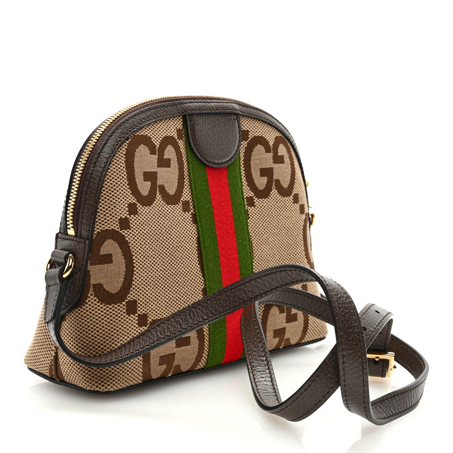 Monogram Jumbo GG Textured Dollar Calfskin Web Small Ophidia Dome Shoulder Bag Camel Ebony New Acero