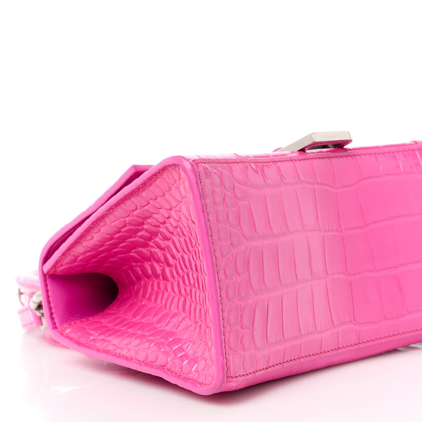 Shiny Calfskin Crocodile Embossed Small Hourglass Top Handle Bag Fuchsia