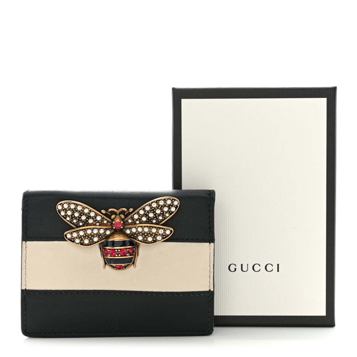 Calfskin Queen Margaret Card Case Wallet Black Mystic White