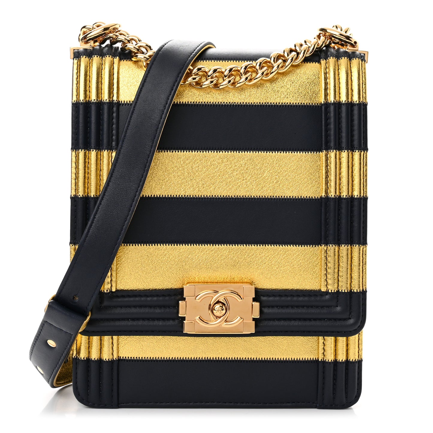 Metallic Lambskin Striped North South Boy Flap Navy Gold