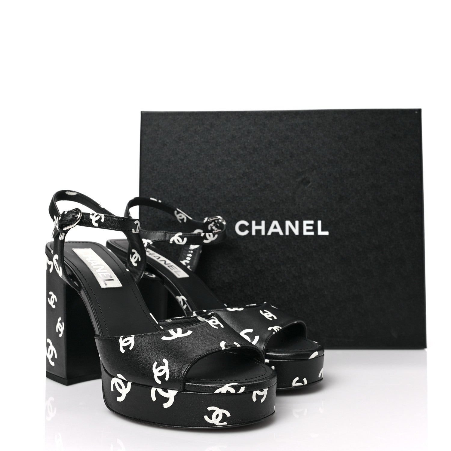 Chanel Printed Lambskin CC Platform Sandals 39.5 Black White 9 of 9