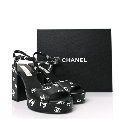 Chanel Printed Lambskin CC Platform Sandals 39.5 Black White 9 of 9