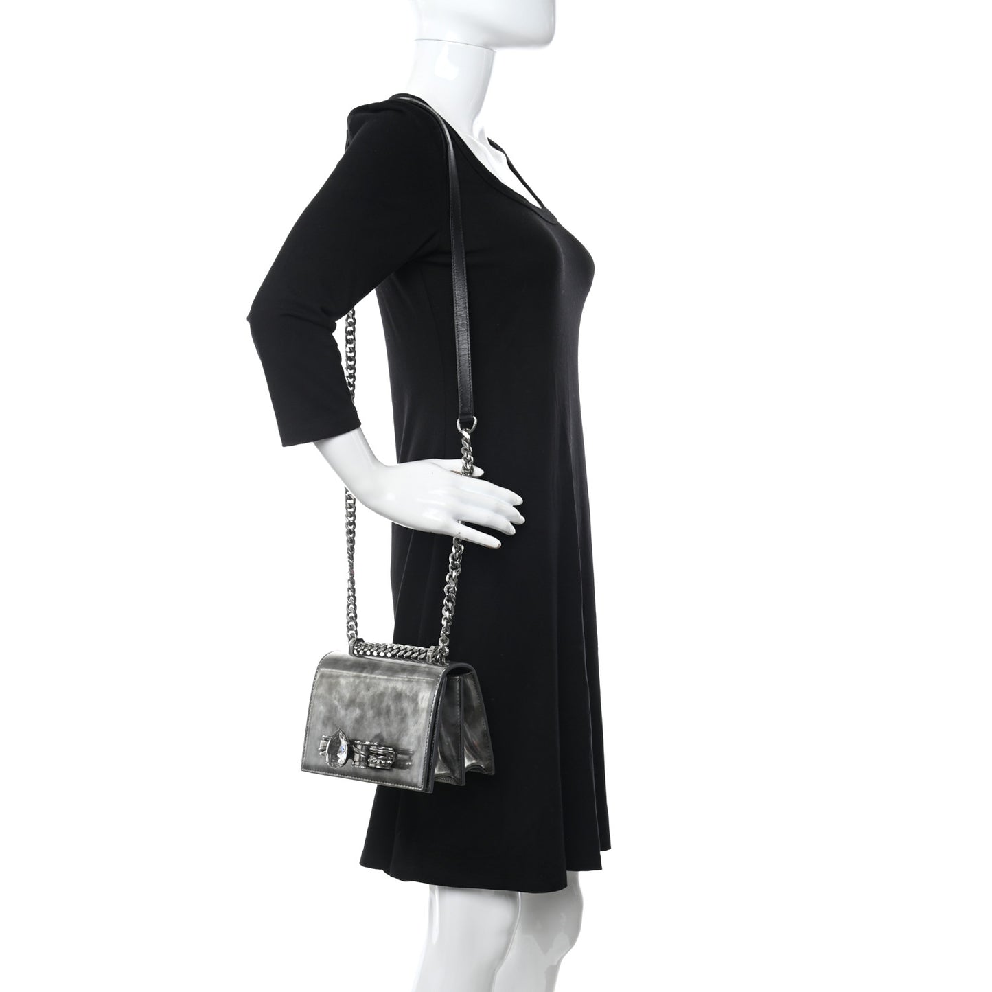 Metallic Patent Calfskin Jeweled Knuckle Satchel Silver