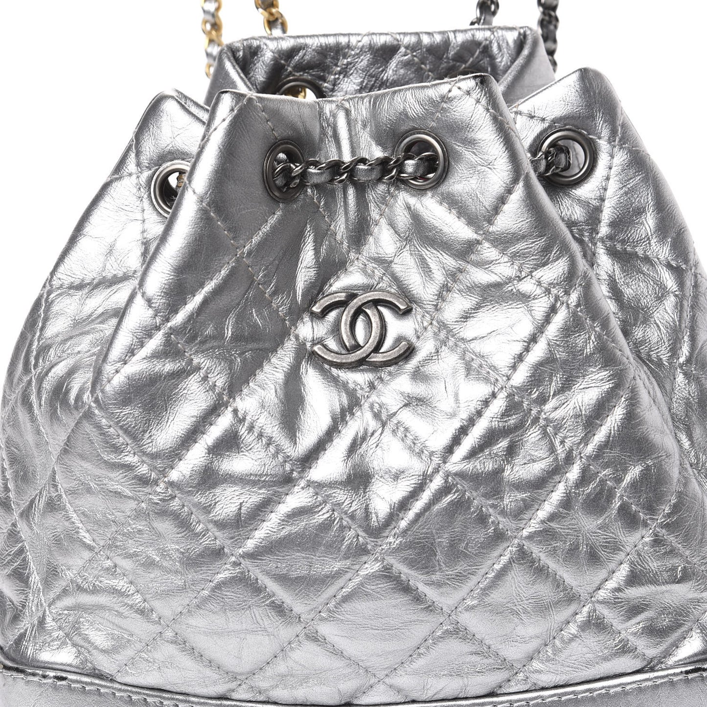 Metallic Crumpled Calfskin Quilted Gabrielle Backpack Silver