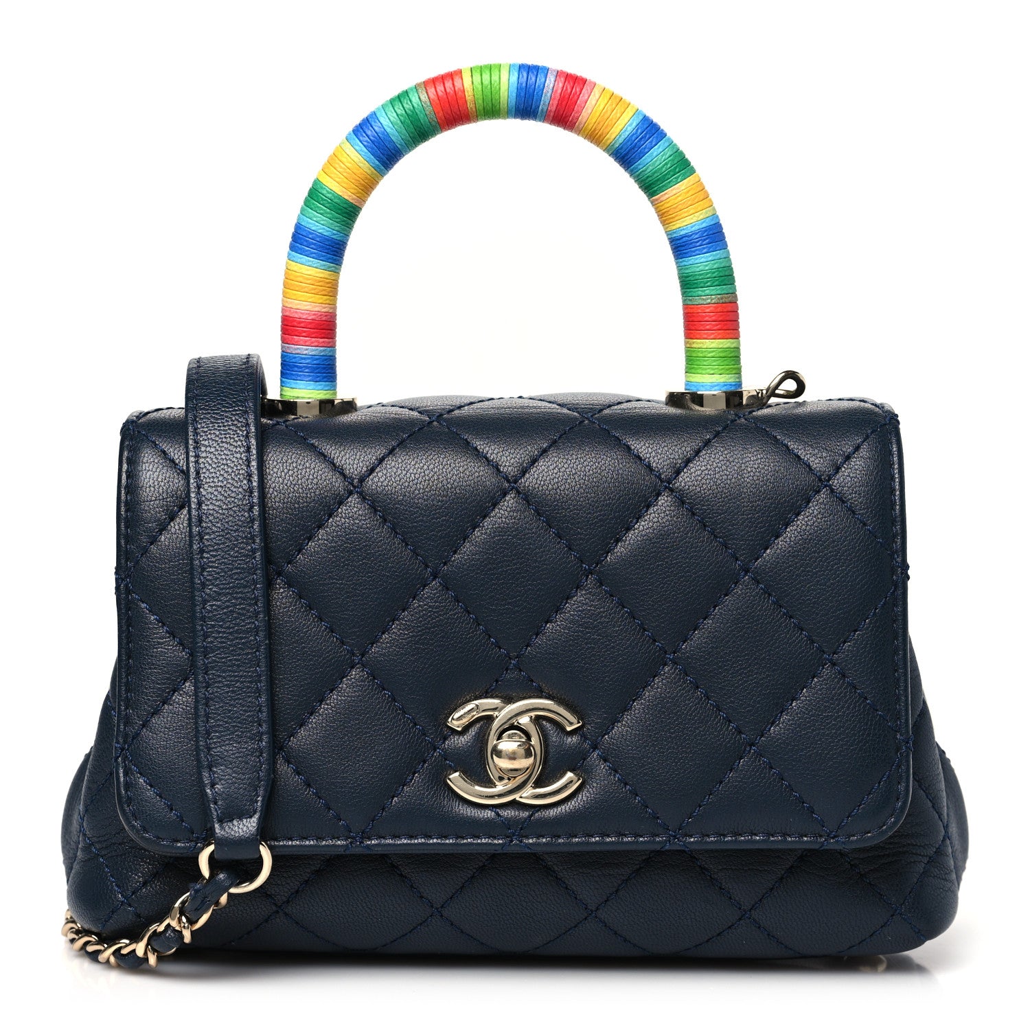 Chanel Goatskin Quilted Extra Mini Rainbow Coco Handle Flap Navy Blue 1 of 11