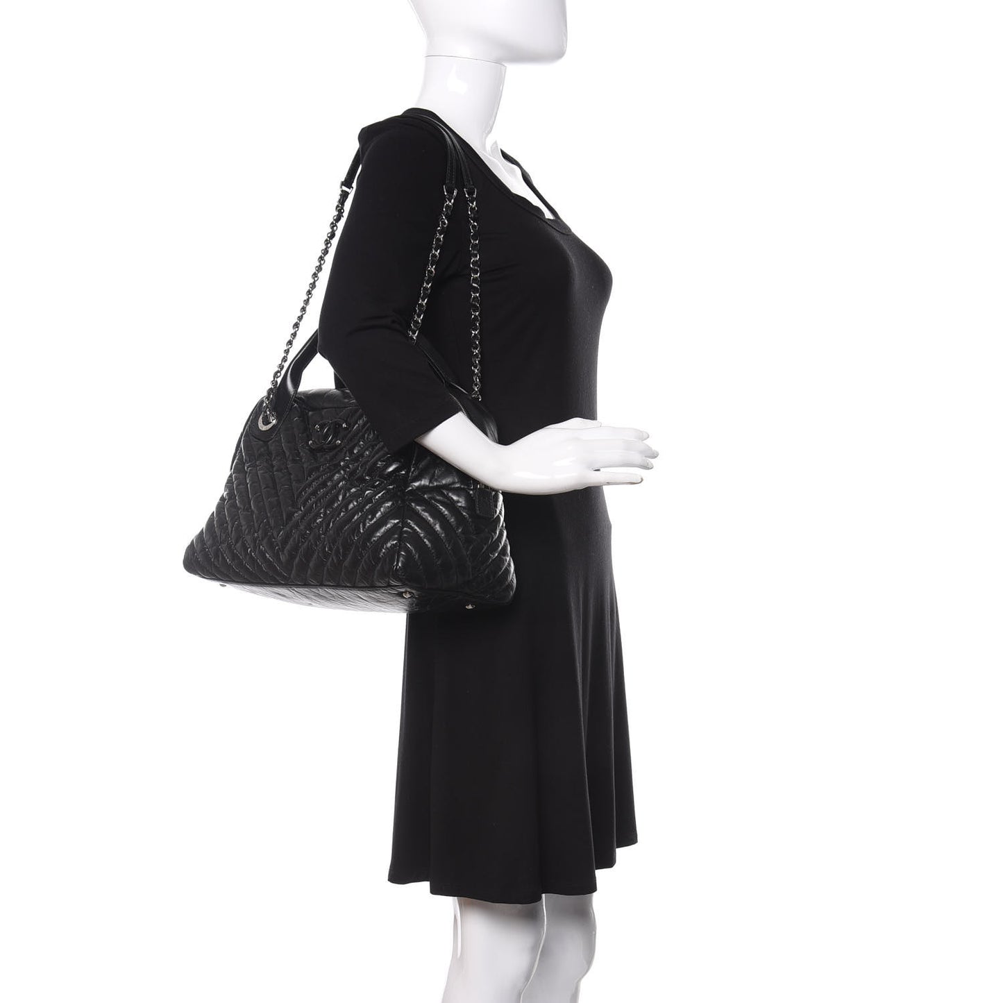 Aged Calfskin Chevron Medium Soft Bowling Bag Black