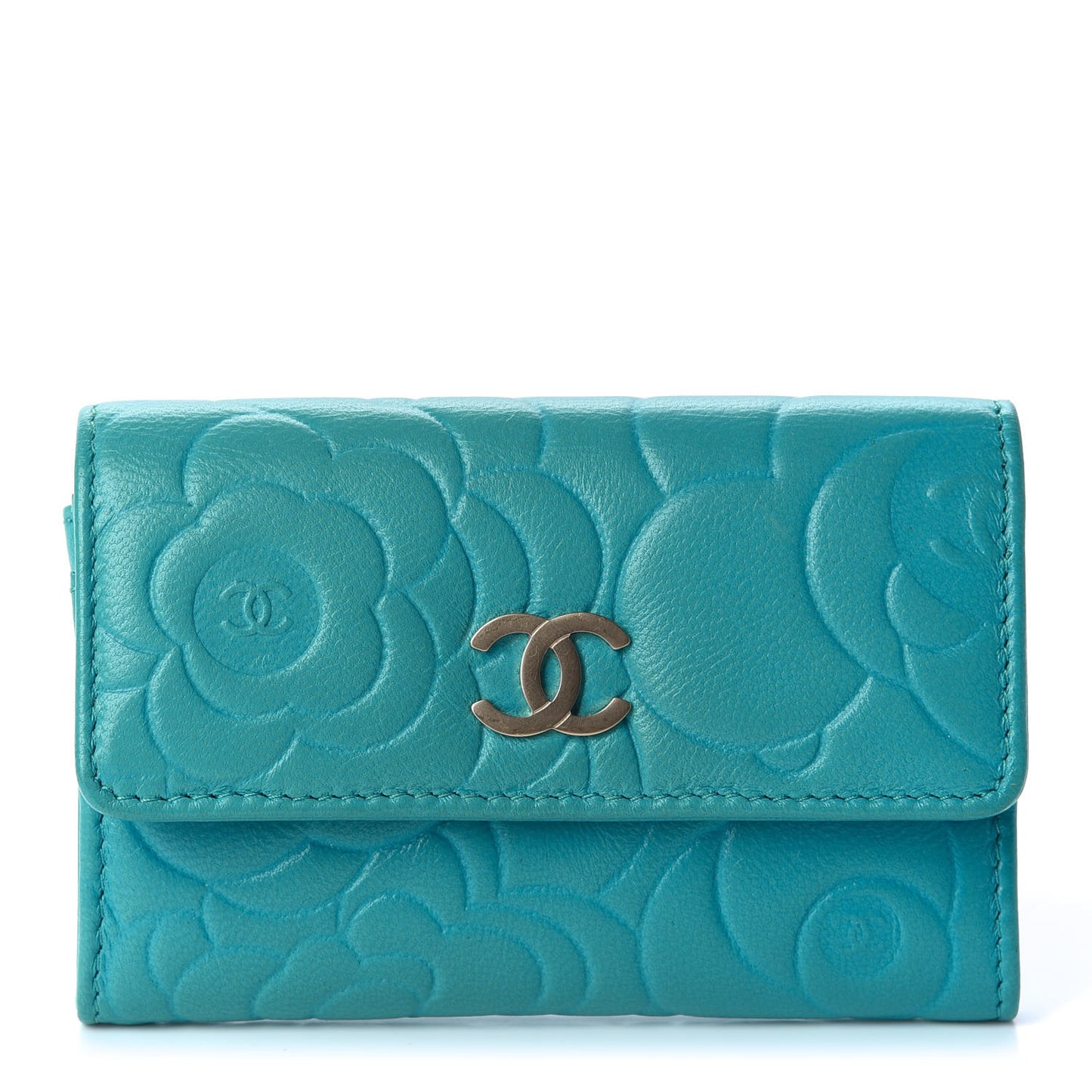 Goatskin Camellia Embossed Card Holder Turquoise
