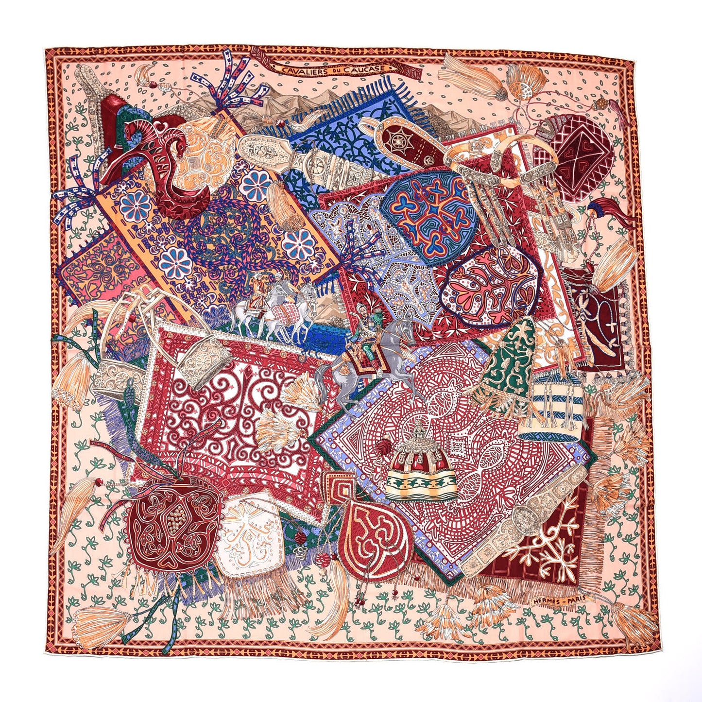 Cashmere Silk Cavaliers du Caucase Shawl 140 Rose Pale Bleu Framboise