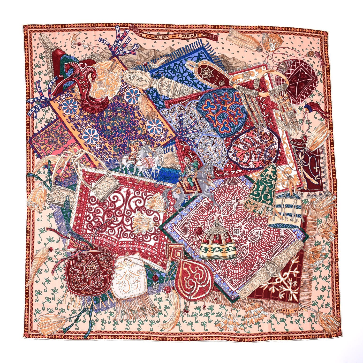 Hermes Cashmere Silk Cavaliers du Caucase Shawl 140 Rose Pale Bleu Framboise 1 of 4