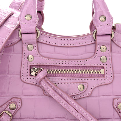 Balenciaga Calfskin Crocodile Embossed Neo Classic Silver Hardware Nano City Crossbody Lilac 7 of 9