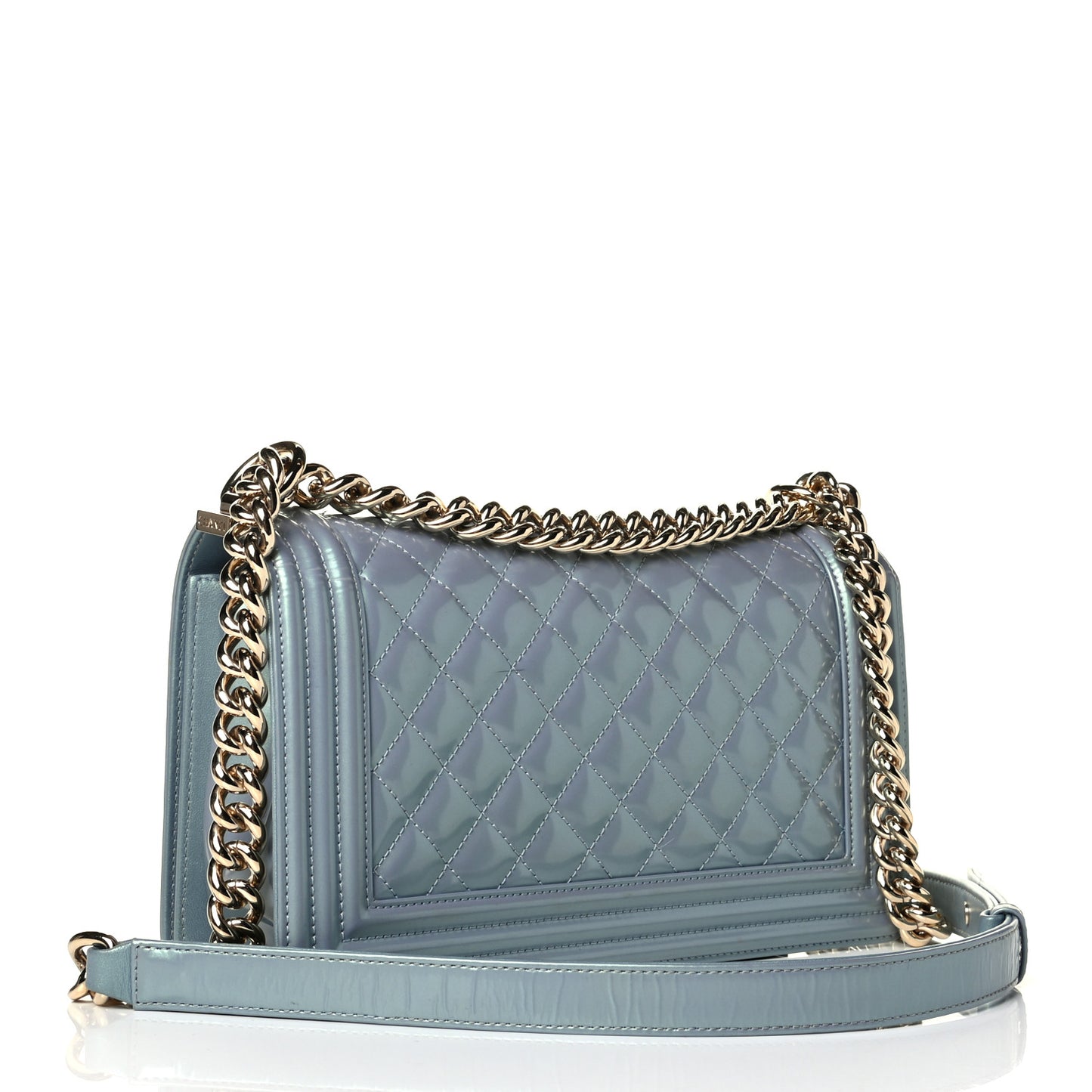 Iridescent Patent Calfskin Quilted Medium Boy Flap Light Blue